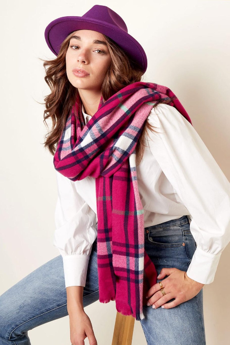 Checkered winter scarf with autumn colors Orange Acrylic Picture2